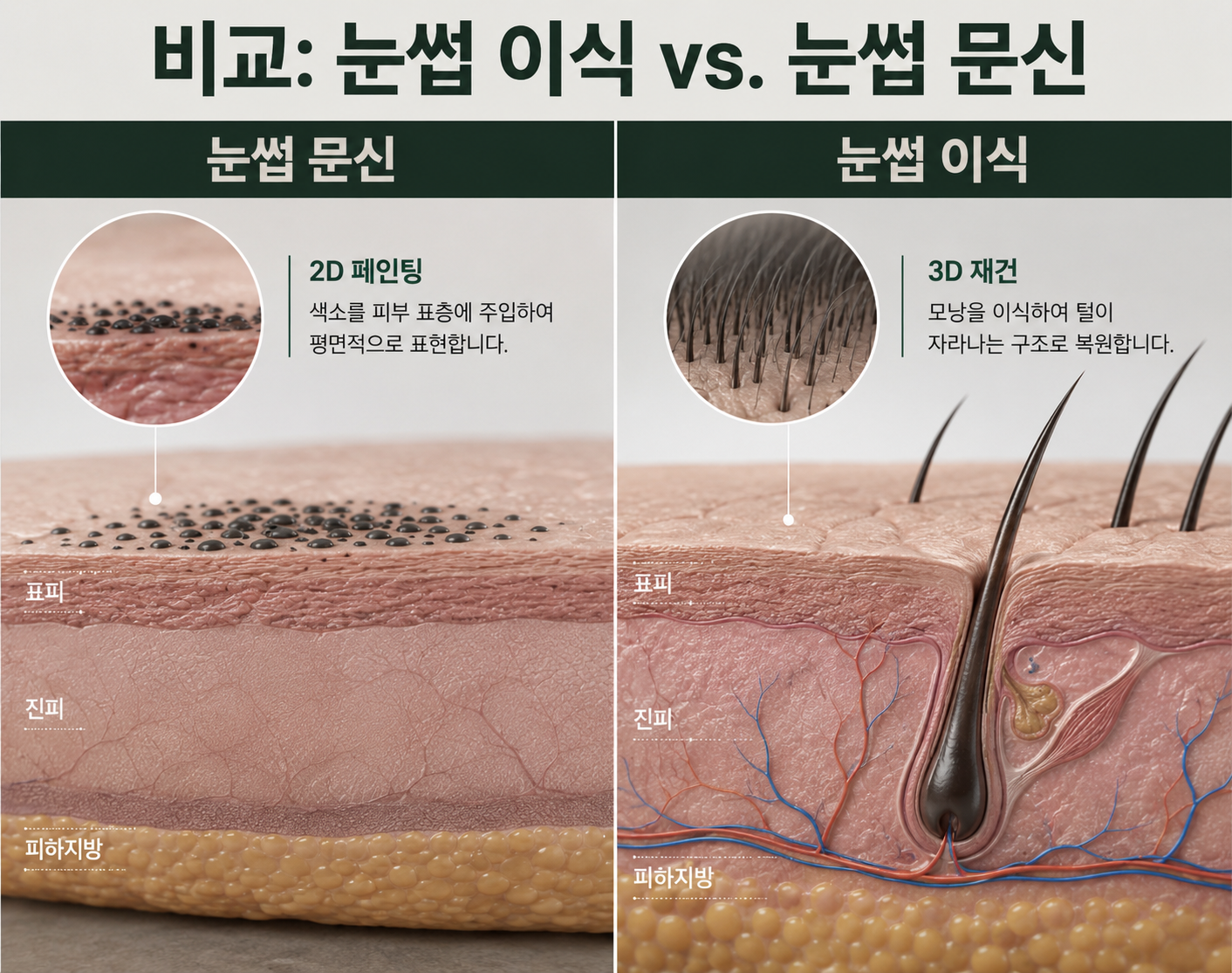 눈썹 문신과 눈썹 이식의 구조 비교