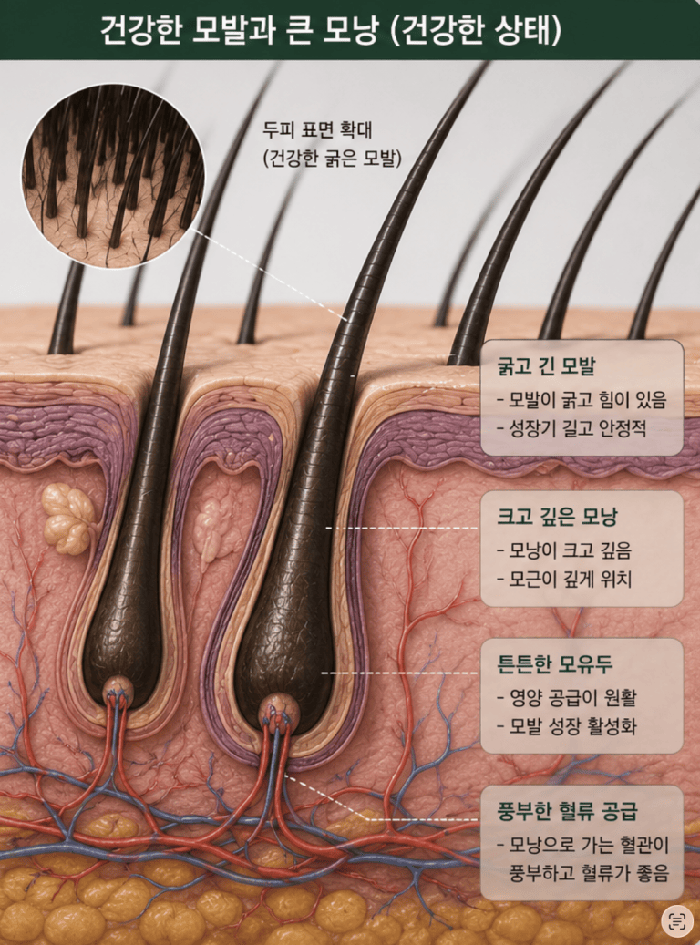 건강한 모발과 큰 모낭의 두피 단면 구조 — 굵고 긴 모발, 크고 깊은 모낭, 튼튼한 모유두와 풍부한 혈류 공급